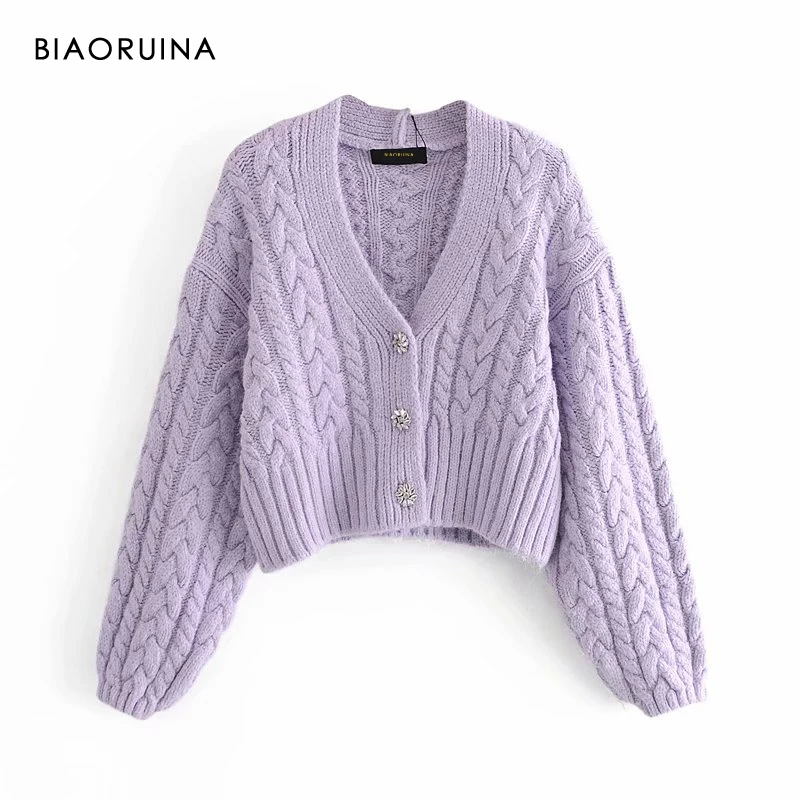 

BIAORUINA Women's V-neck Chic Rhinestone Single Breasted Sweet Twist Knitted Catdigan Female Fashion Autumn Winter Sweater