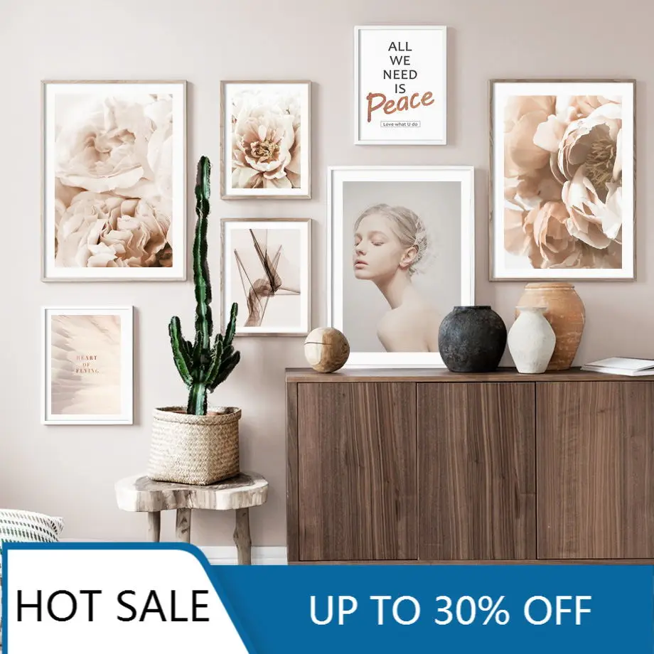 Цветок листья растение девушка перо цитаты Скандинавская Настенная картина на