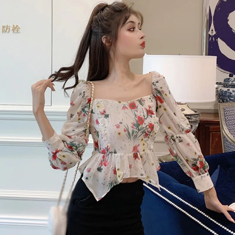 

Summer Sweet Long Sleeve Chiffon Shirt Short Style Top Women's Fashion Floral Square Collar Sexy Blouses Mujer De Moda 2021