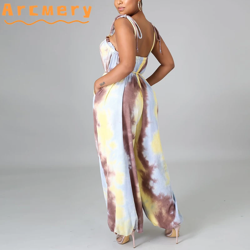 

Women Spaghetti Strap Sleeveless Tie Dye Printed Belt Jumpsuits