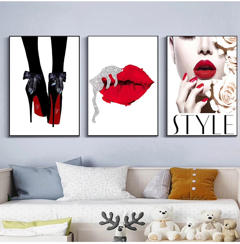 

Wall Art Canvas Painting Red Lips Flower Paris Girl Fashion Nordic Posters And Prints Wall Pictures For Living Room Salon Decor