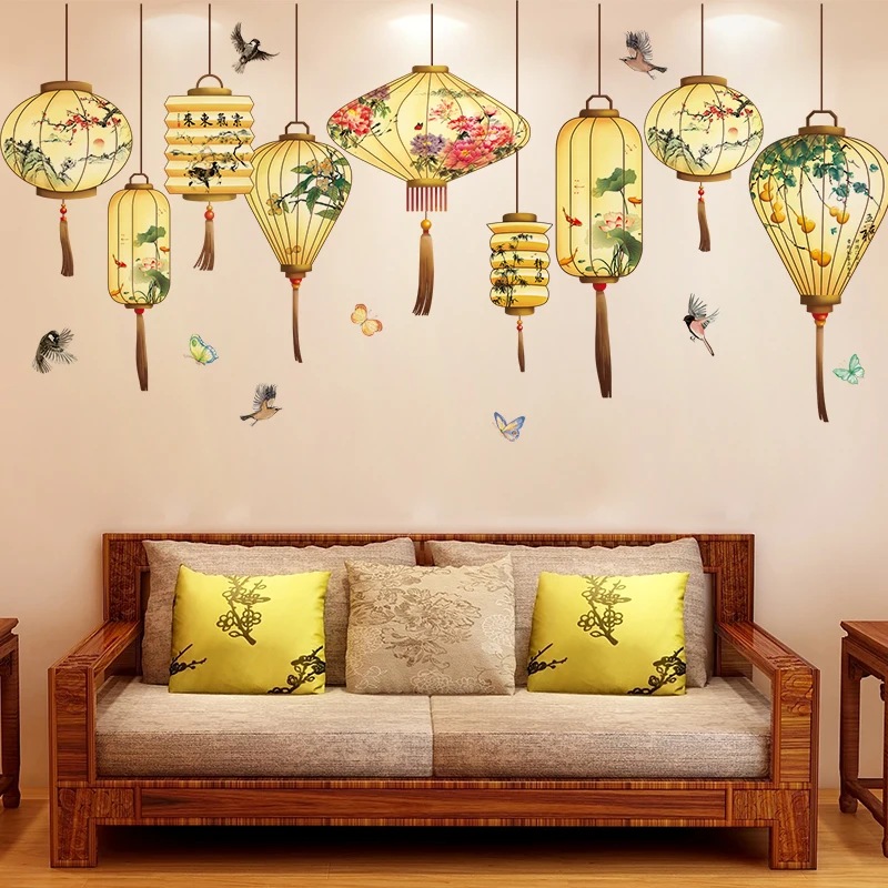 

Lantern Wall Stickers Chinese Style for Living Room Decoration Flowers Birds Teenager Wallpaper Bedroom Decor Home Decals
