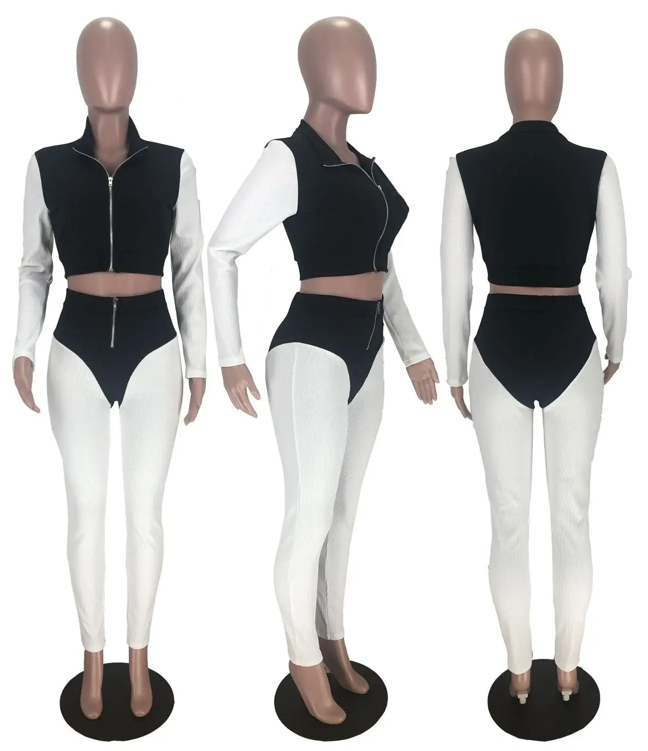 

Autumn Causal Women Two Piece Set Color Patchwork Short Front Zipper Coat + Long Sleeve Skinny Sportsuitjogger Set Outfits