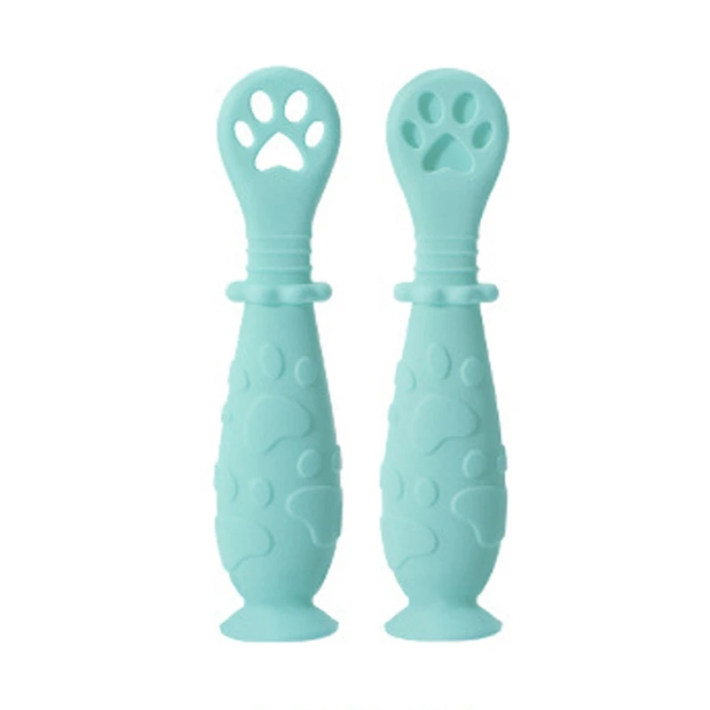 

2Pcs Baby Spoon Set Silicone Teether Infant Anti-slip Feeding Training Tableware