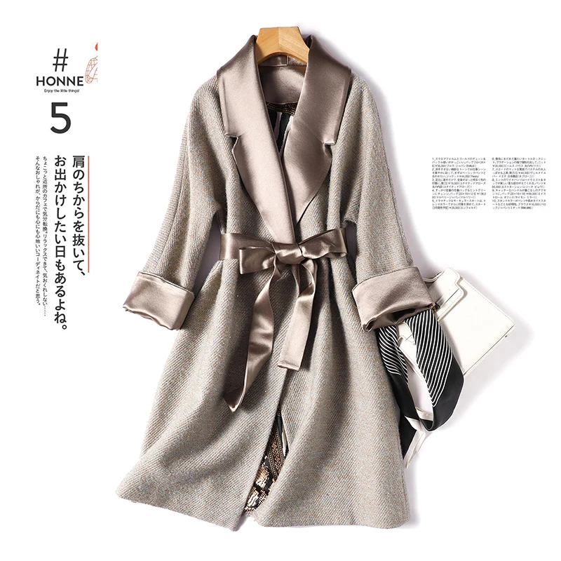 

SHUCHAN Wool woman parkas women coats and jackets winter High Street Long Adjustable Waist Turn-down Collar Belt