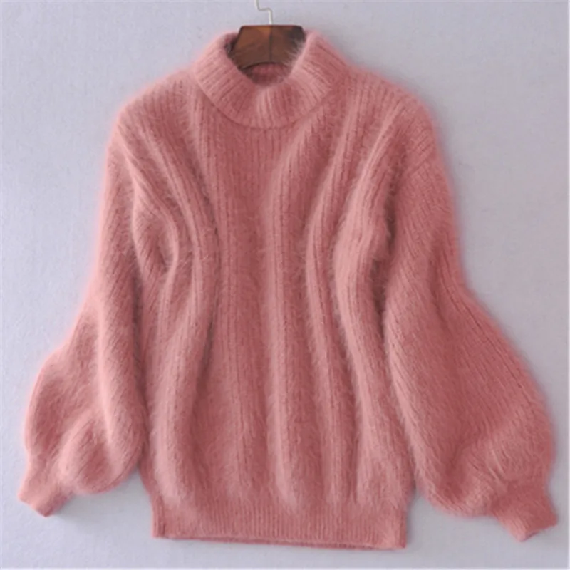 

2021 Winter New Fashion Turtleneck Mohair Thickened WarmFemale Sweater Lantern Sleeve Casual Solid Color Slim Simple Pullover