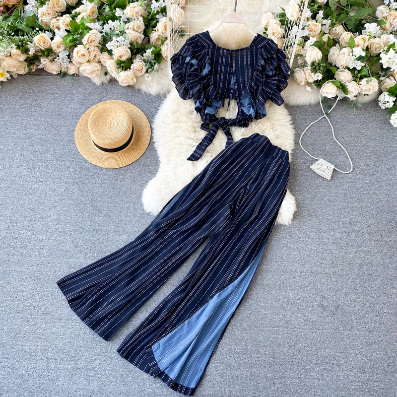 

Casual Holiday Style Super Short Ruffled Striped Chiffon Top and Wide Leg Slit Chiffon Pants One Set