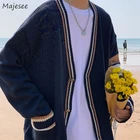 Кардиган мужской простой полосатый в стиле пэчворк с V-образным вырезом в стиле преппи однобортный с карманами DK Униформа студенческие Топы BF Универсальный