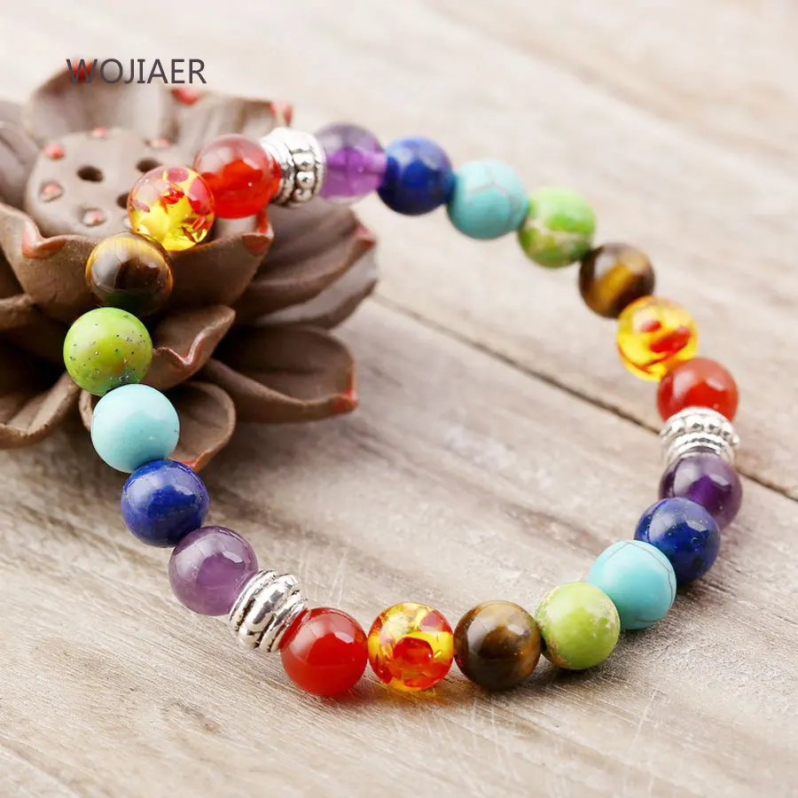 

WOJIAER Natural Gem Stone Agates Tiger Strand Bracelets Bangle Healing Yoga 7 Chakra Meditation Reiki Mala Buddhism Beads ZBM059