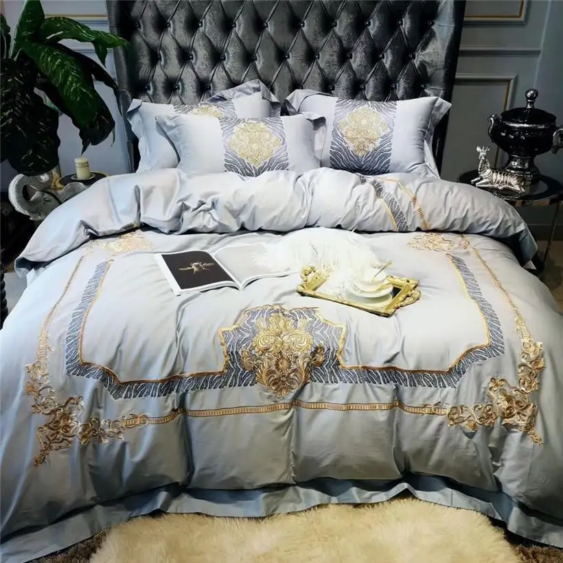 

Luxury Europe Diamond Embroidery Premium Bedding Set Egyptian Cotton Ultra Soft Duvet cover Flat Bed sheet set Queen King size