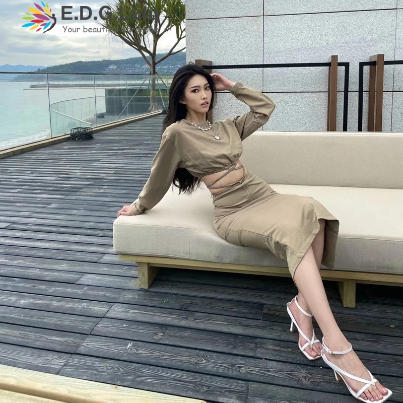 

EDGLuLu Casual Two Piece Set Women Skirt O-neck Long Sleeve Short Top High Waist Lace-up Drawstring Bodycon Midi Skirt Suit 0314
