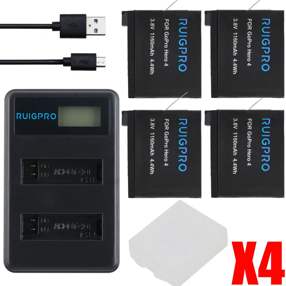 4 шт. RuigPro AHDBT 401 + LCD USB двойное зарядное устройство для Gopro Hero батареи Go Pro Hero4 bateria