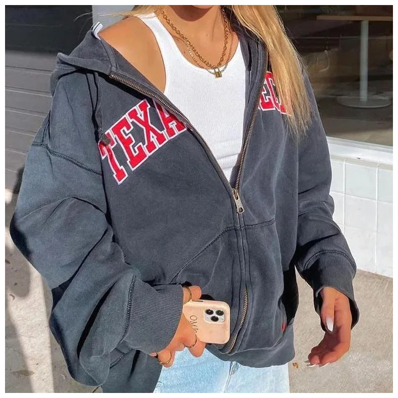 

Clothes Long Sleeve Loose Girls Fashion Tops Design Fall 2020 Gray Blue Zipper Hoodie Red Letter Print Vintage Sweatshirt Women