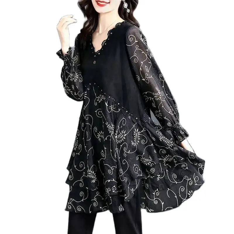 

Noble Lady Mid-Long Women's Shirt New Spring Autumn 2021 High-End Splicing Shirt Loose Black Early Autumn Dress Jacket