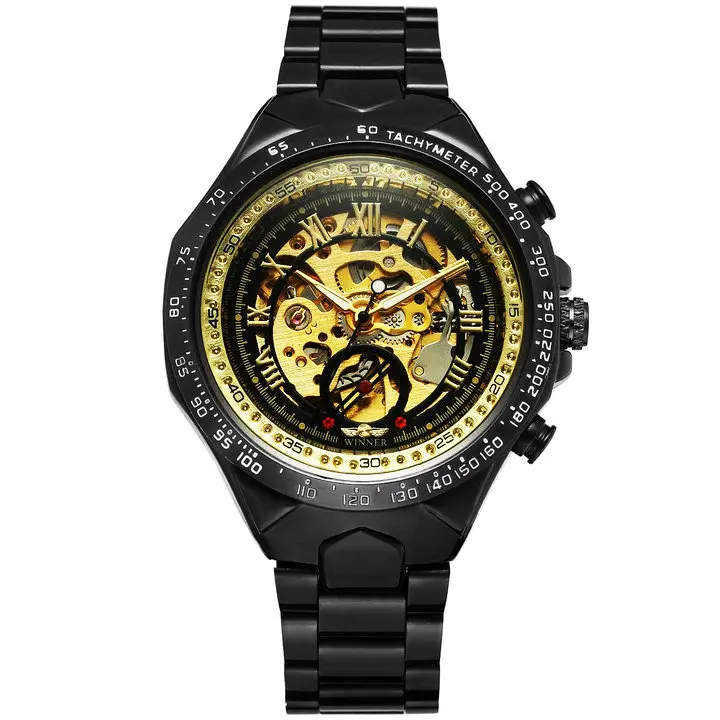 BLACK GOLD T-WINNER часы, мужские автоматические механические стальные мужские часы, Топ бренд, роскошные золотые наручные часы со скелетом, популярные мужские часы - Цвет: BLACK GOLD