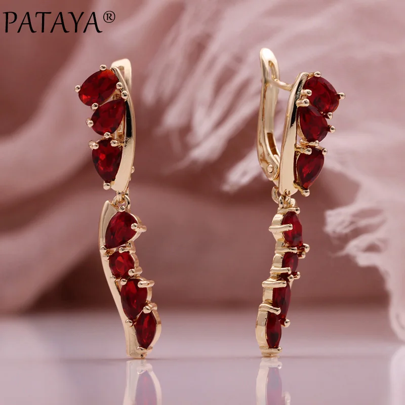 PATAYA-pendientes largos de circonita Natural para mujer, aretes de gota roja de Granada, Color oro rosa 585, joyería creativa de moda para boda