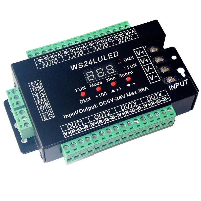 Простой 24CH DMX512 декодер DC5V 24V 24 канальный 8 группа МАКС 3а макс * 1.5A 36A Железный чехол