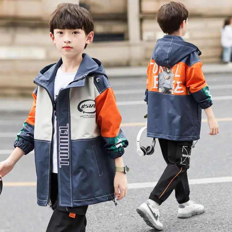 

Spring Autumn Jacket For 4-14T Boys 2021 New Fashion Hooded Letters Patchwork children's outerwear Teenager Clothes Trench Coat