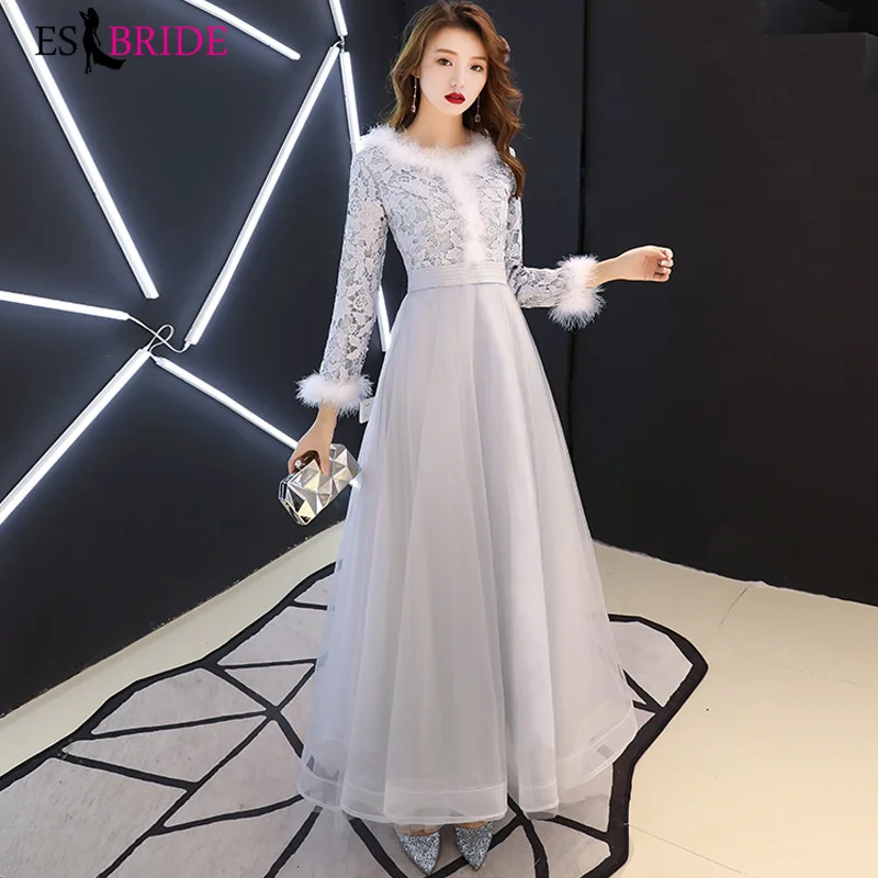 

Elegant Bridesmaid Dresses Long Sleeves ES3153 Lace Appliques A-Line High-Neck Feather Tulle Wedding Guest Dresses Sukienki 2020