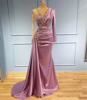 muslim purple v neck mermaid evening dresses gowns 2021 elegant beaded crystal satin overskirt gowns for women party