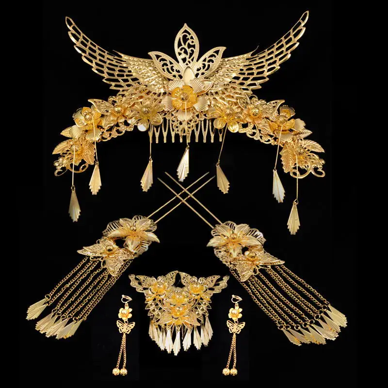 

JaneVini Chinese Wedding Bride Metal Headband Costume Headdress Earring Set Wedding Bridal Hair Comb Hairclips Gold Headpiece
