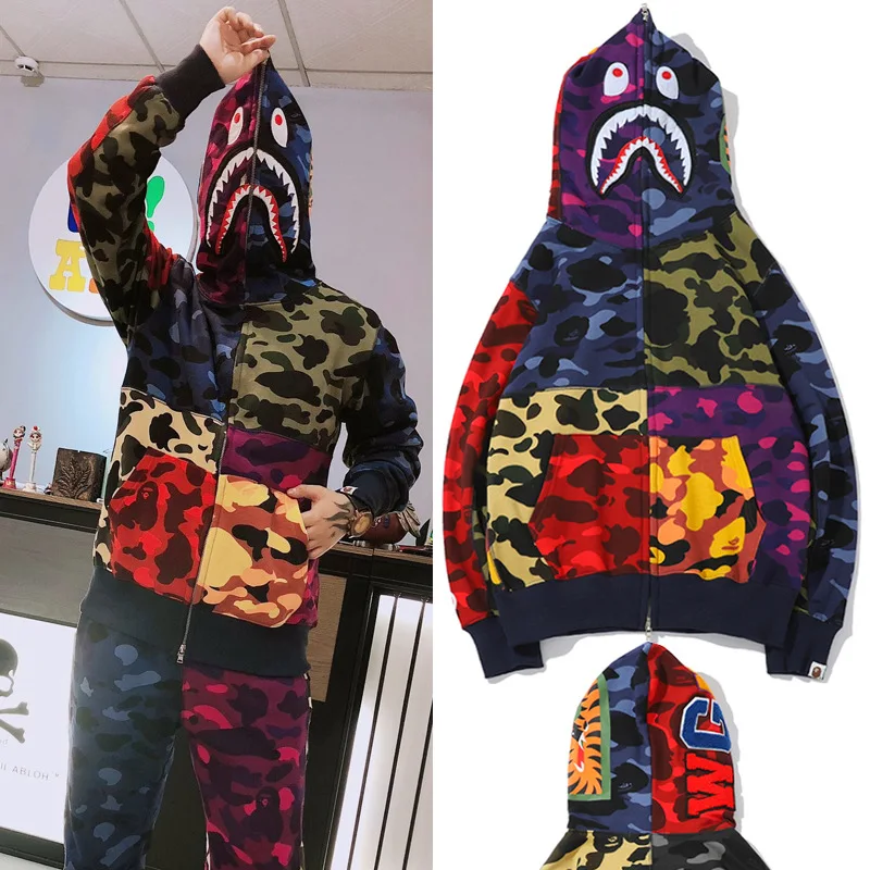 

New 100% Cotton Japanese Tide Brand Bape Shark Camouflage Multi-layer Splicing Hoodie Men Women High Quality Zipper jacket