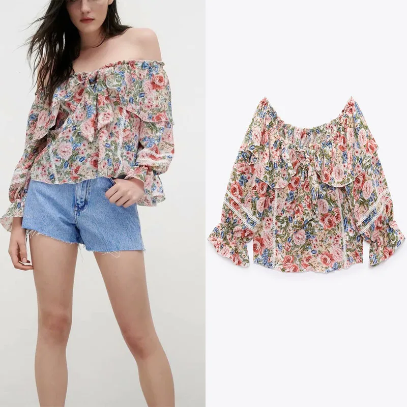 

Za Summer Print Short Tops Adjustable Tight Pleated Neckline Front Bow-knot Elastic Cuffs Loose Tops Casual Sandy Beach Tops