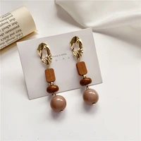 bohemian long brown wood earrings fashionable joker retro geometric ball stud earrings girl women jewelry gift accessories
