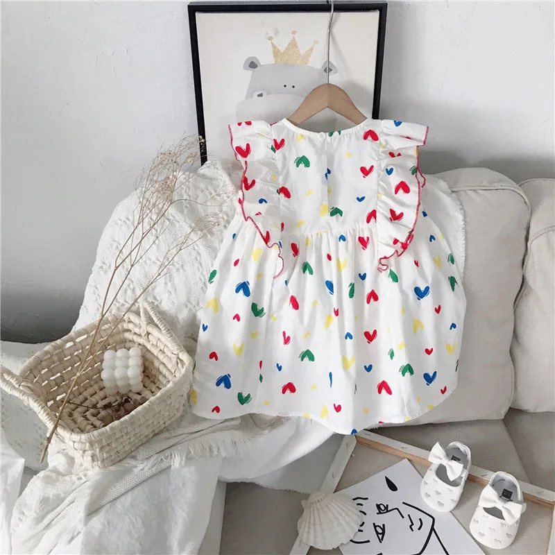 

Girls Summer Clothing Kids Dresses Children Flying Sleeve Colorful Love Printing Cotton Sweet Princess Dress Baby Girl Garments