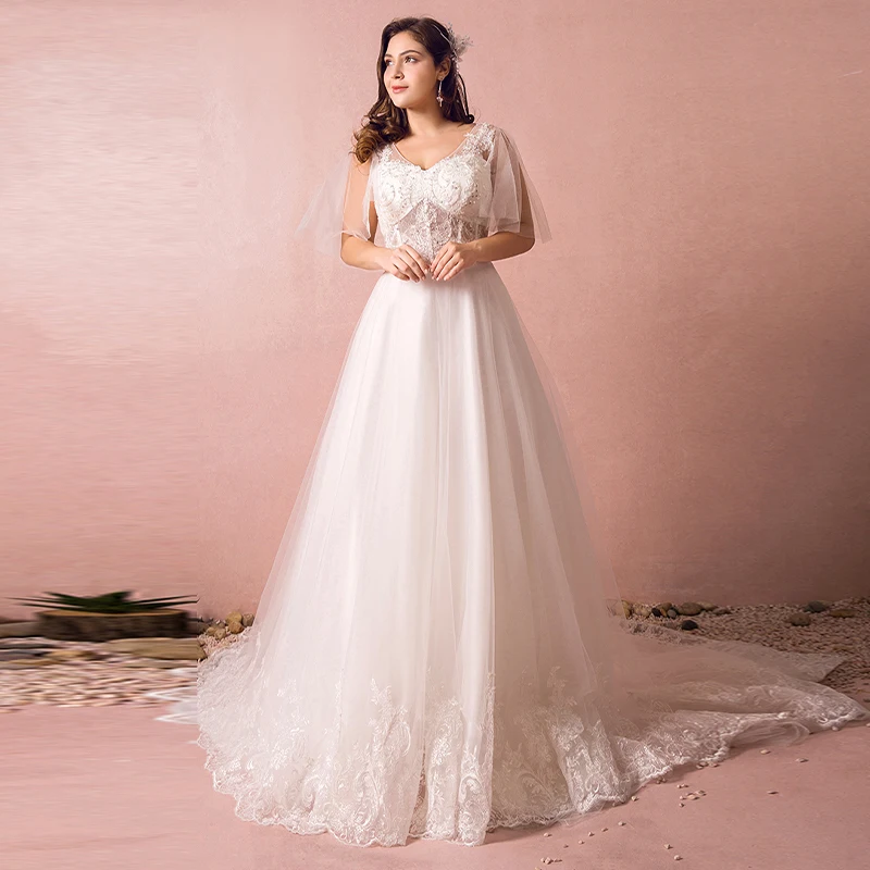 

White V-Neck Sequins Embroidery Evening Dress Pleat Short Sleeves Lace Up A-Line Floor-Length Plus Size Women Formal Gowns D1043