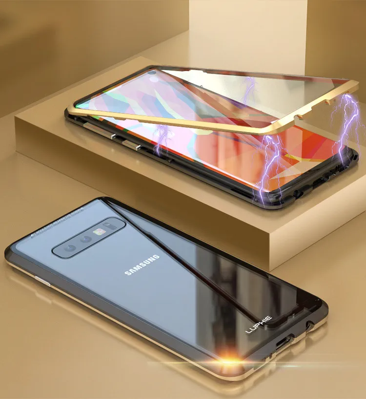 Black Gold Для samsung Galaxy S10 S9 Plus 360 полная защита Магнитный адсорбционный чехол переднее и заднее закаленное стекло Полное покрытие экрана - Цвет: Black Gold