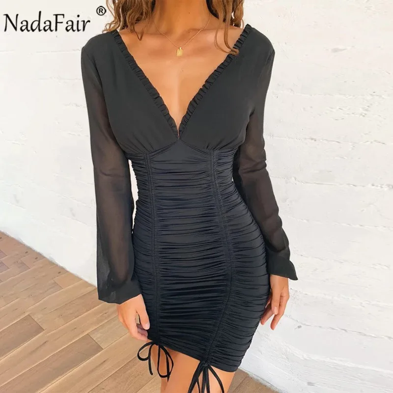 Женское Бандажное платье с рюшами Nadafair Сетчатое лоскутное длинными рукавами