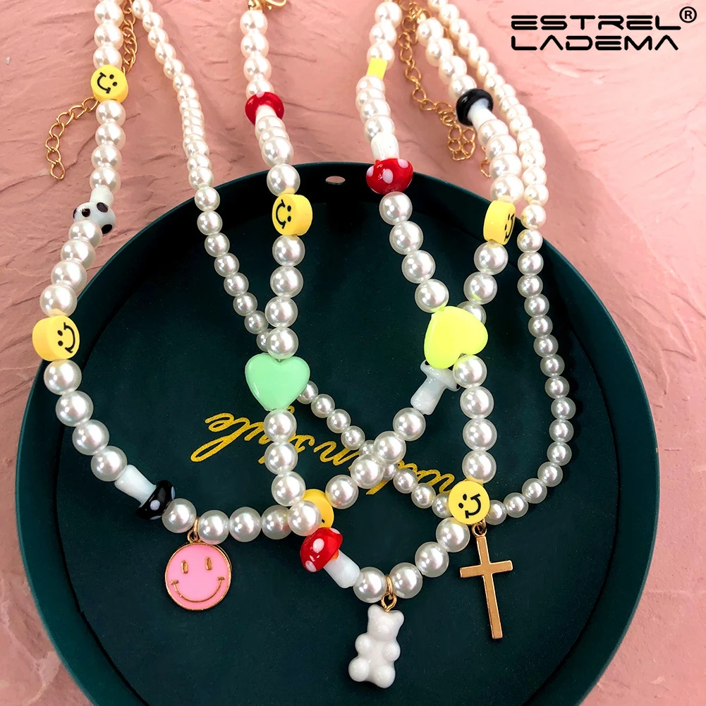 

Boho Imitation Pearl Smile Face Heart Beads Strand Necklace For Women Handmade Mushroom Bear Cross Beaded Necklaces Jewelry Gift