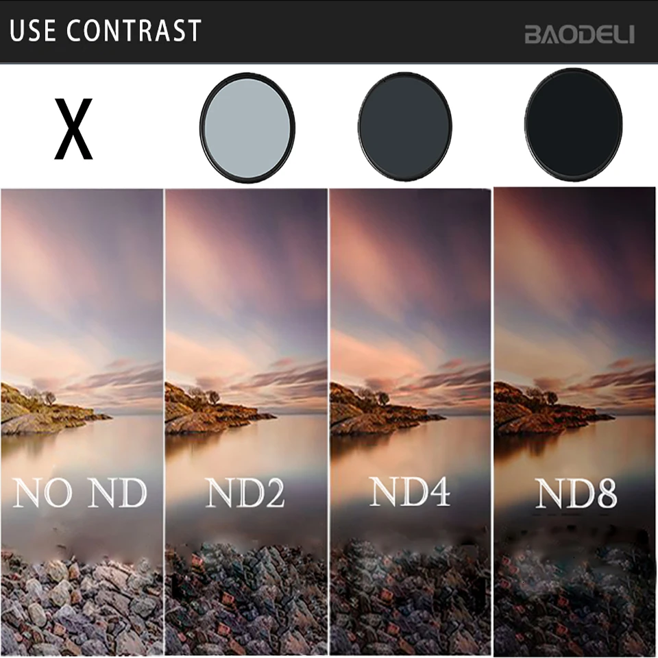 Фильтр BAODELI Nd 2 4 8 49 52 55 58 67 72 77 82 мм для объектива камеры Canon M50 600d 2000d Nikon D3200 D3500 D5100 D5600 Sony A6000