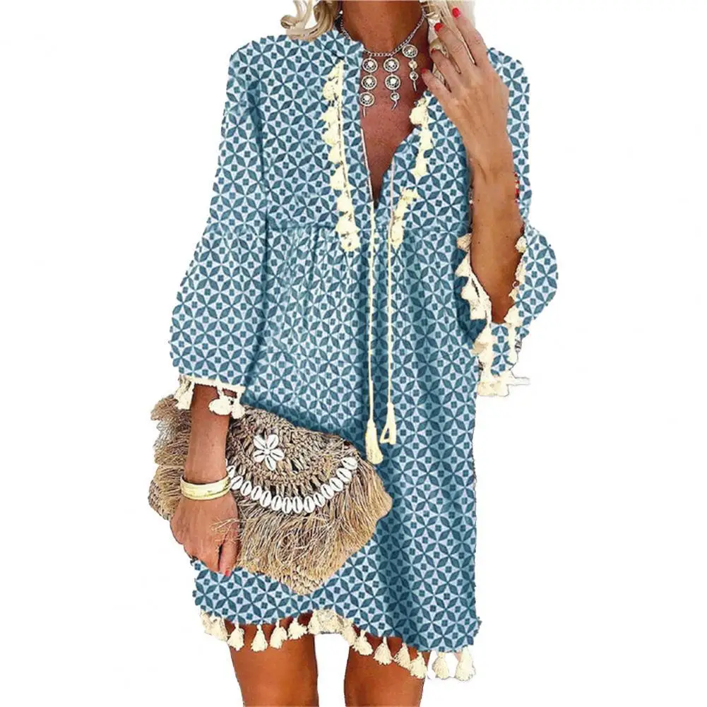 

Женское пляжное платье с бахромой, свободное платье с геометрическим принтом, V-образным вырезом и рукавом 3/4, пляжная одежда для отпуска