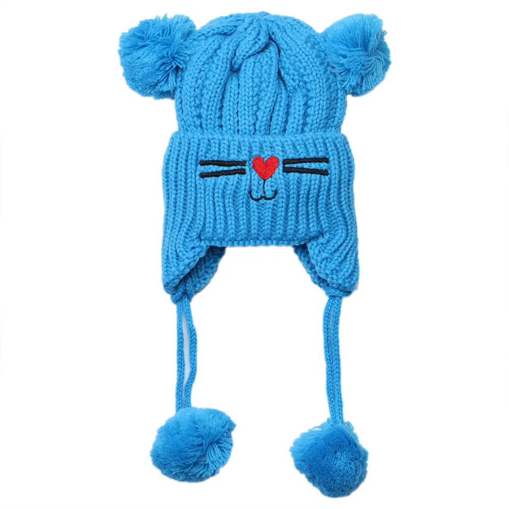 Детская вышивка мультяшного кота Beanie Зимняя Толстая вязаная теплая мягкая шапка с двойным помпоном для мальчиков и девочек, Кепка с ушами, шапочка для малышей