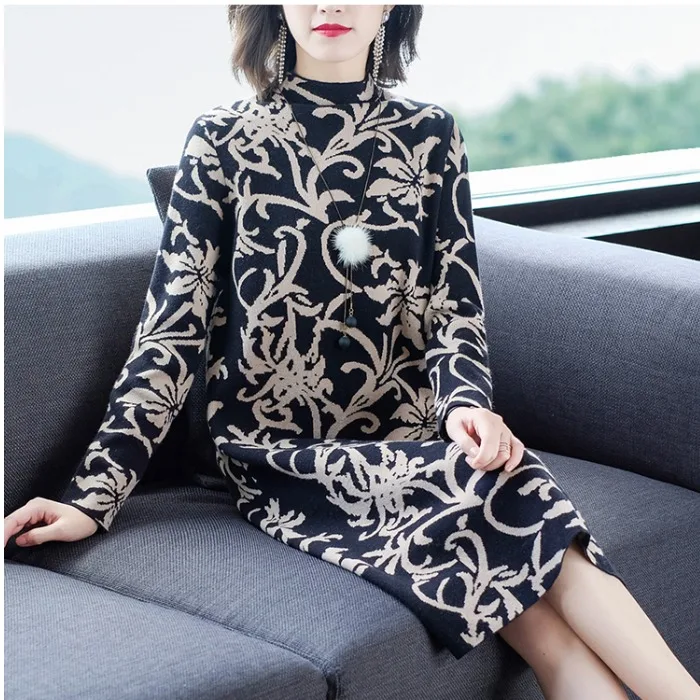 Женское осеннее 2019 Новое кашемировое вязаное платье с длинным рукавом свободные