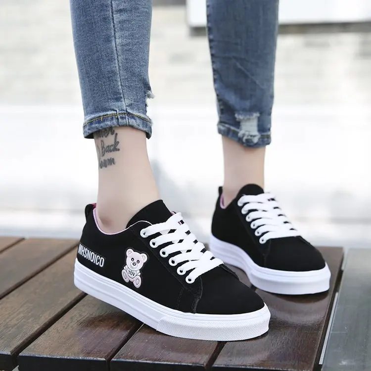 

2019 Spring Women's Causal Shoes Black Board Shoes for Student Flats Shoes Lace Up Bear Vulcanized Shoes Female sneakers Shoes