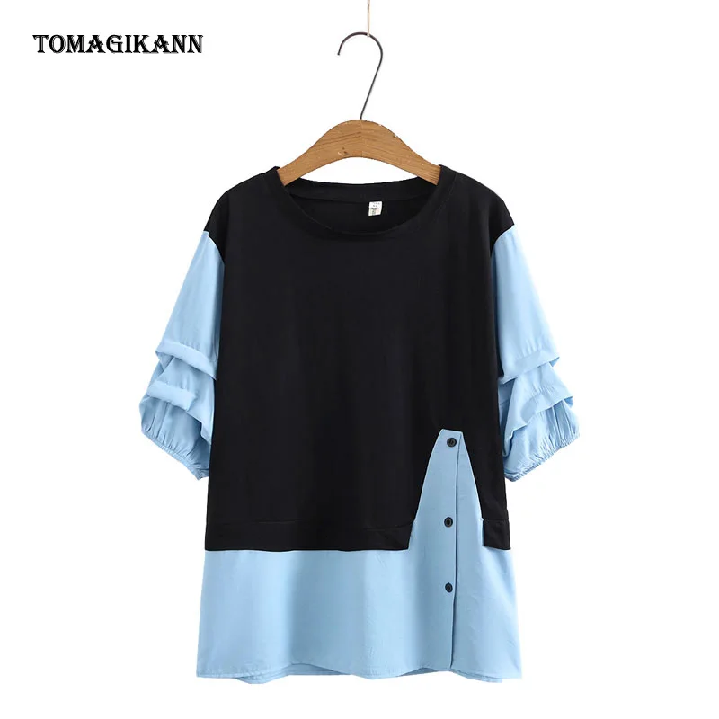 

Поддельные из двух частей блузка летнее платье размера плюс с оборками в стиле пэчворк рубашка на каждый день с круглым вырезом с коротким р...