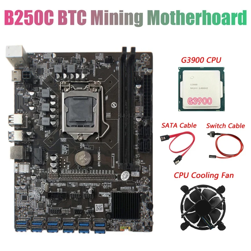 Материнская плата B250C для майнинга BTC с ЦП G3900 + вентилятор кабель SATA переключения