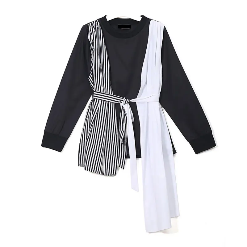 

XITAO Irregular Striped Bandage T Shirt 2019 Summer Korea Fashion False Two Pieces Patchwork Pullover New Women ZLL2695