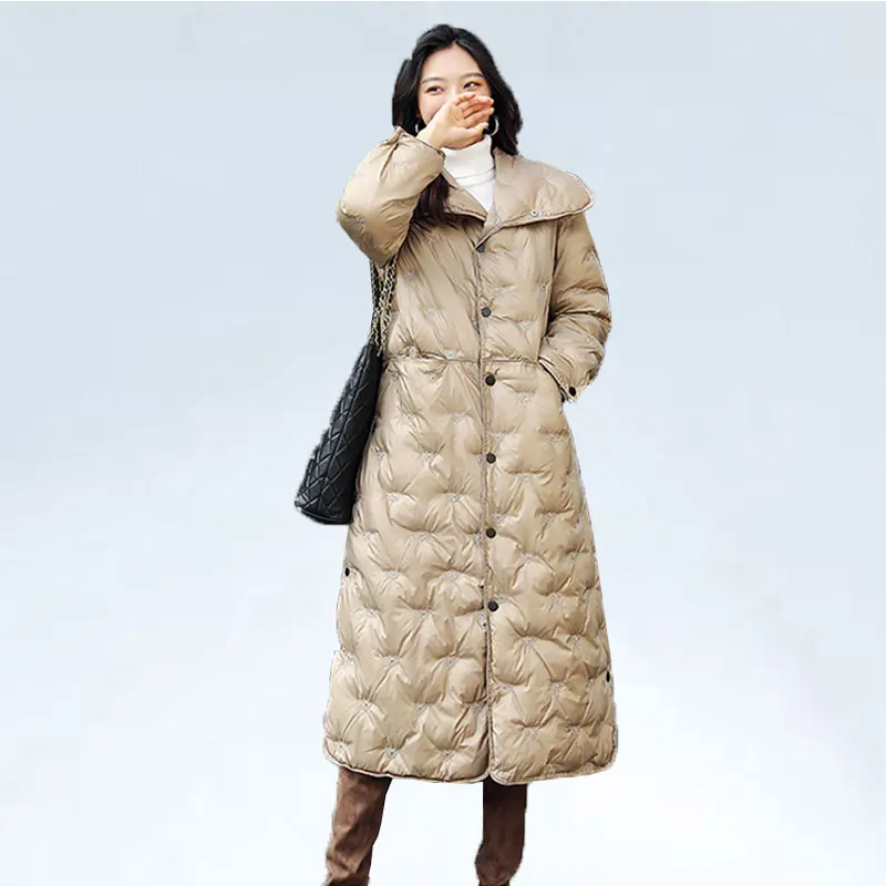 Женская длинная пуховая куртка толстая хлопковая с отложным воротником и