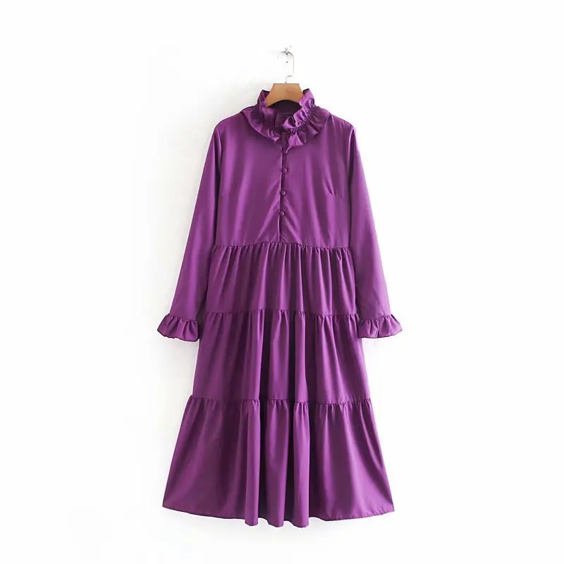 2019 женское осеннее платье со стоячим воротником и длинными рукавами фиолетовое