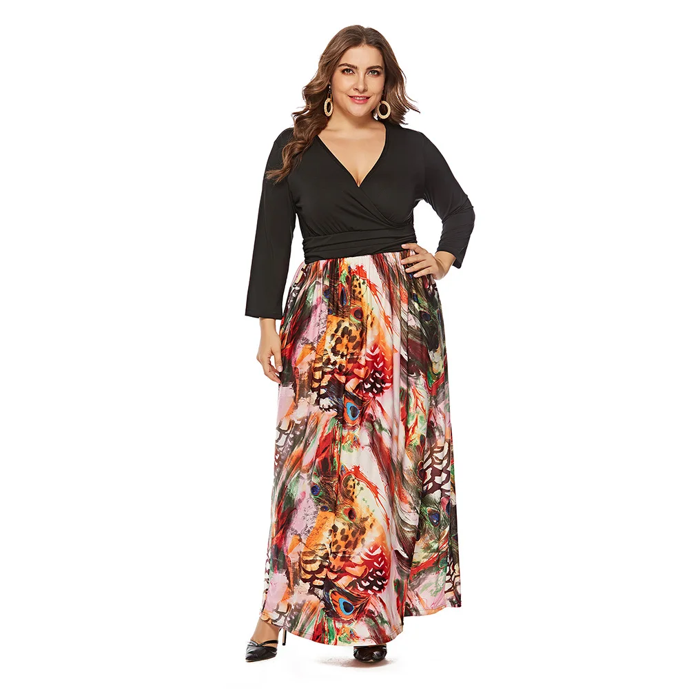 Women's 2021 Fall New Long Skirt XL Long Sleeve Fashion Sexy V-neck Printed Dress Festive Party Dress Ladies Free Shipping6XL