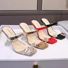 Большие размеры 3545 Вьетнамки, украшенные камнями; Женские сандалии-шлепанцы Летняя обувь женская обувь из прозрачного стекла на высоком каблуке; Шлепанцы без задника с открытыми пальцами 2021