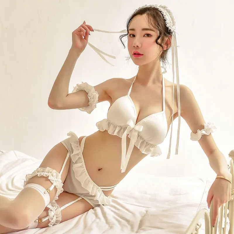 

Kawaii Chiffon Sexy Lingerie Sweet Maid Cosplay Costumes Charming Black White Erotic Outfit For Female Transparent Bra Set