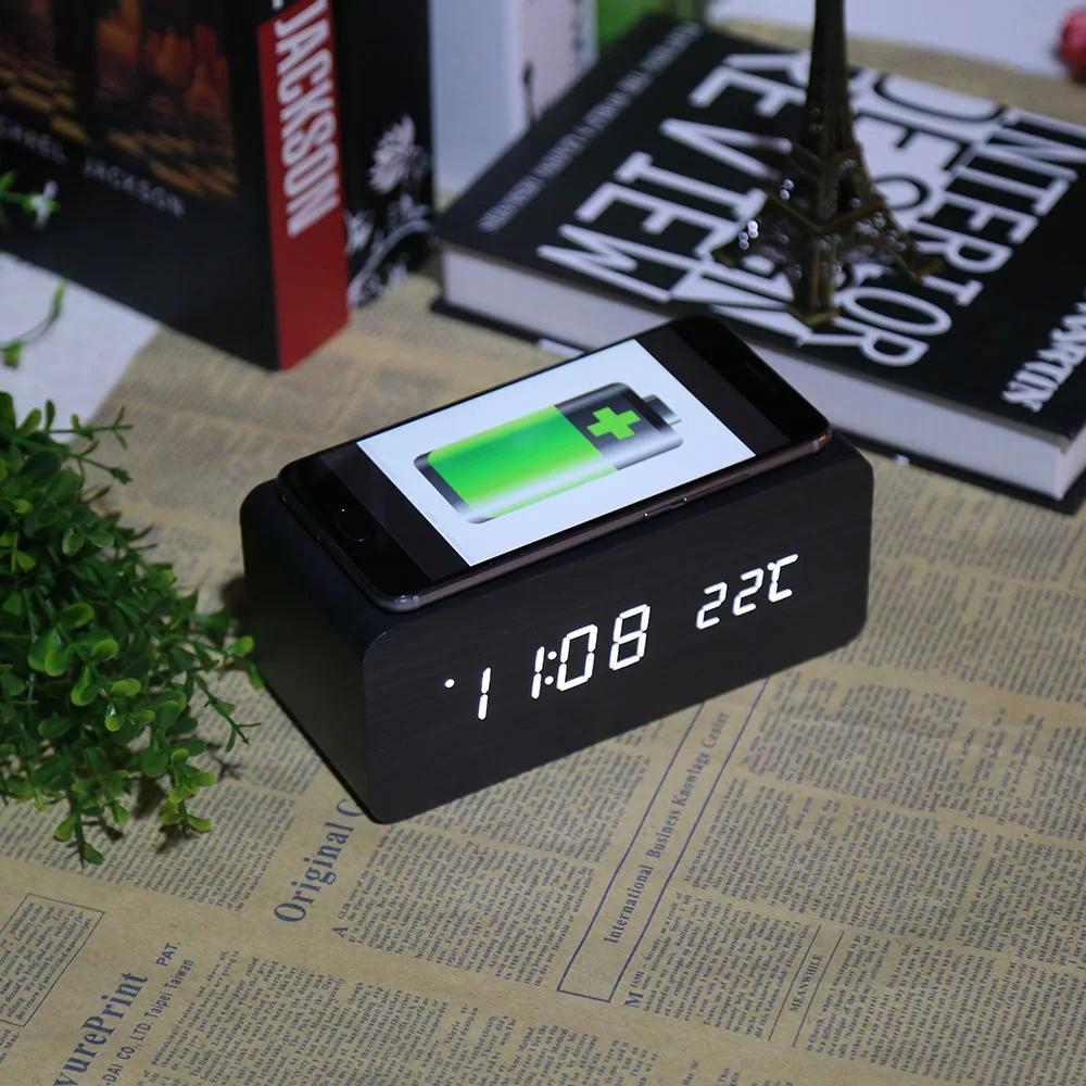

LED Electronic Voice Control Wooden Alarm Clock Temperature Date LED Screen Display Digital Modern Alarm Clocks USB Charging