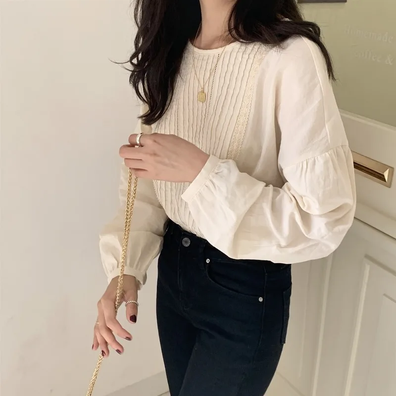 Осенняя абрикосовая плиссированная нежная хлопковая рубашка с круглым вырезом в