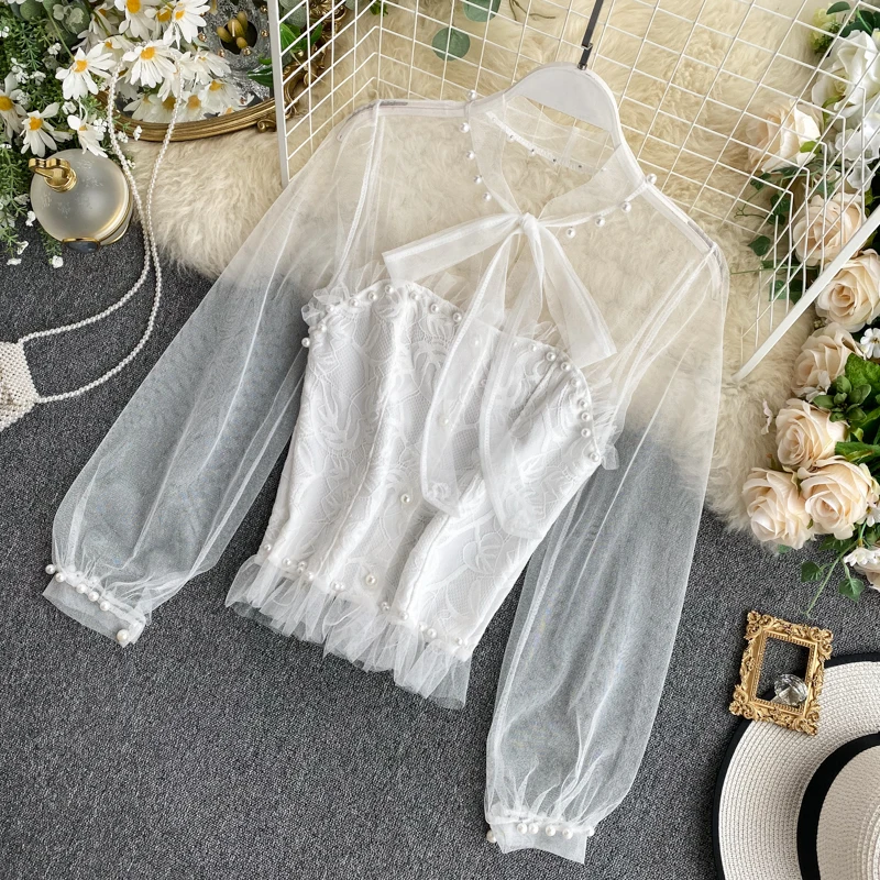 Women Elegant Lace Shirt New Pearl Bow Neck Mesh Perspective Long Sleeve Blouse Spring 2020 K899 | Женская одежда