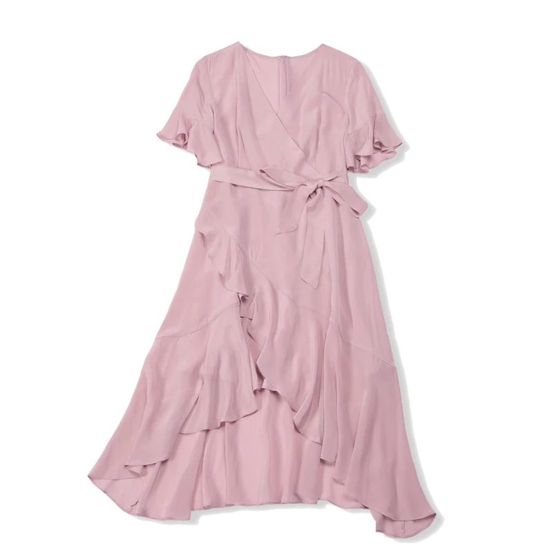 

100% Silk Women's Runway Dresses V Neck Short Sleeves Ruffles Sash Belt Fashion Asymmetrical Casual Summer Dresses